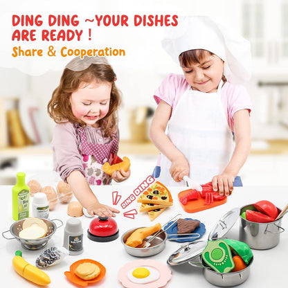 Kids Pretend Play Kitchen Accessories Set, 38Pc Play Pots Pans Set for Kids | Stainless Steel Toddler Pots Pans Kitchen Playset Toy, Cookware Cooking Utensils Play Food Dish Christmas Birthday Gift 3+3