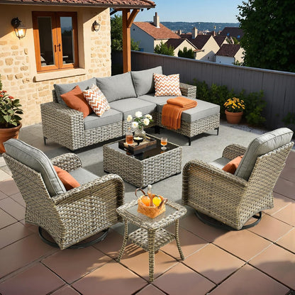 Outdoor Sectional Furniture Set,8 Pieces Wicker Patio Conversation Sets,L Shape All Weather outside Couch Sofa Set with Swivel Chairs Ottoman,Charcoal Gray1