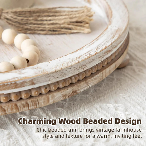 Farmhouse Oval Wooden Decorative Trays Set of 2, Distressed White Solid Wood Beaded Trays for Coffee Table, Kitchen Counter, Ottoman & Dining Table Centerpiece Decor4