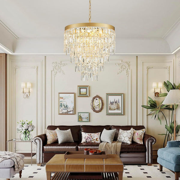 Modern Crystal Chandelier, 22.8” Gold round Chandeliers for Dining Room Light Fixture, 4 Tiers 9 Lights Luxury Crystal Pendant Chandelier for Entryway Foyer Living Room Bedroom Kitchen Staircase8