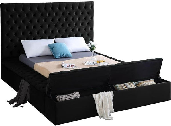 Modern Solid Wood Tufted Velvet Queen Bed, Black Upholstered Fabric, 86" W X 98" D X 60.5" H, Deep Tufted Headboard, Storage Footboard and Rails, No Box Spring Required, Elegant Bedroom4