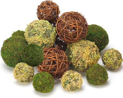 Decorative Balls for Centerpiece Bowls, 18Pcs Fake Moss Balls + Wicker Rattan Balls Set Vase Bowl Filler for Home Garden Wedding Party Decor (Fresh Green + Rustic Brown)1