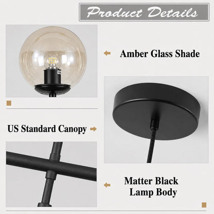 Lighting 6-Light Modern Globe Sputnik Chandelier Mid Century Black Pendant Light Chandelier Dining Room Linear Pendant Lighting Kitchen Island Adjustable Pendant Light Fixtures (Black+Amber)3