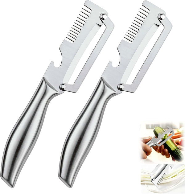 Premium Vegetable Peeler with Wooden Handle and Bottle Opener, Multi-Functional Vegetable Peeler for Fruit Pumpkin Peeling Potato and Other Vegetables or Fruits (B-2Pcs)1