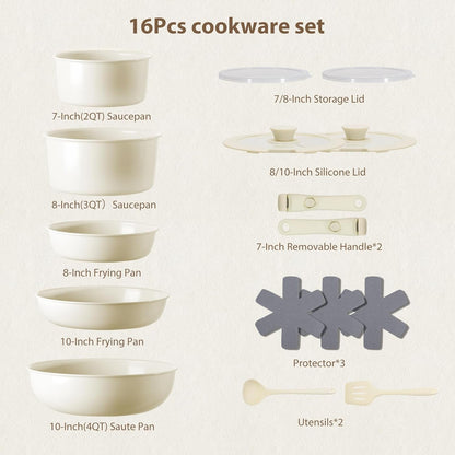 Pots and Pans Non Stick,16Pcs Ceramic Nonstick Cookware Sets, Induction Kitchen Tagines Set with Removable Handle, Cooking Frying Pans & Saucepans(Pfoa Free), Oven/Dishwasher/Fridge Safe, Space Saving3