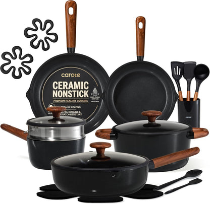 21Pcs Ceramic Cookware Set, Pots and Pans Set | Non-Toxic Healthy Cooking Set with Silicone Lids, Dishwasher Safe, Even Heating, with Steamer & Silicone Trivet, PFAS FREE1