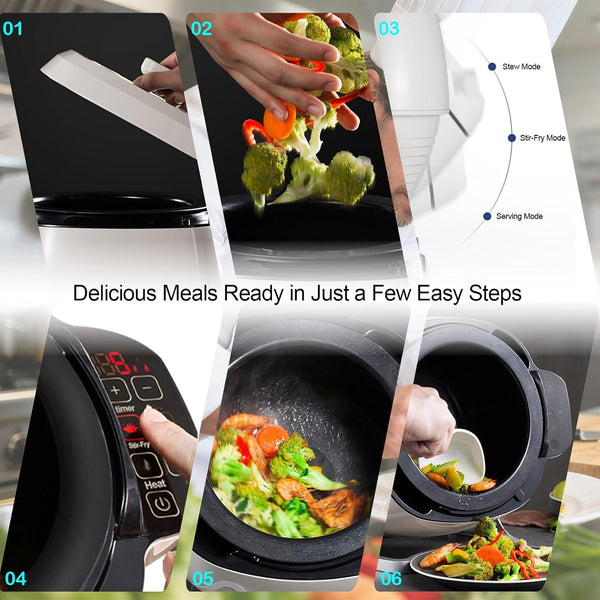 Electric Self Stirring Pot Automatic Cooking Machine, 2000W 6L Automatic Pot Stirrer for Cooking, 360° Rotating Stir Fry Machine, Multi-Function Kitchen Robot for Stewing & Frying (White)7