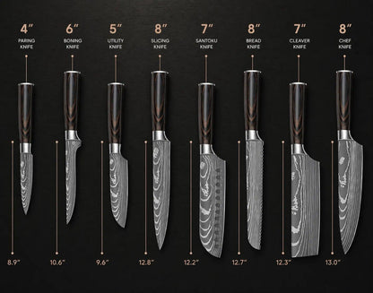 Damascus Kitchen Knife Set, Damascus Steel, Brown Handle | Stainless Steel, Damascus Pattern, Roll Bag, for Meat Processing and Everyday Kitchen Prep6