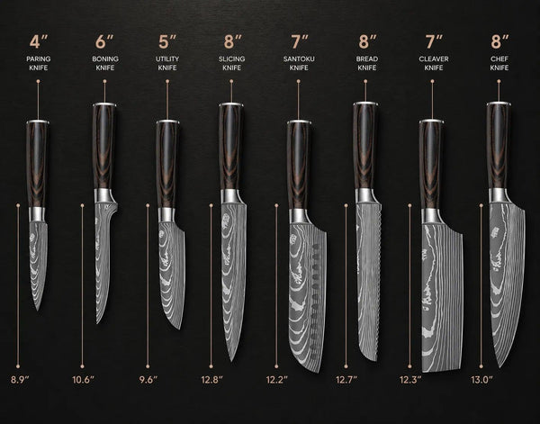 Damascus Kitchen Knife Set, Damascus Steel, Brown Handle | Stainless Steel, Damascus Pattern, Roll Bag, for Meat Processing and Everyday Kitchen Prep6