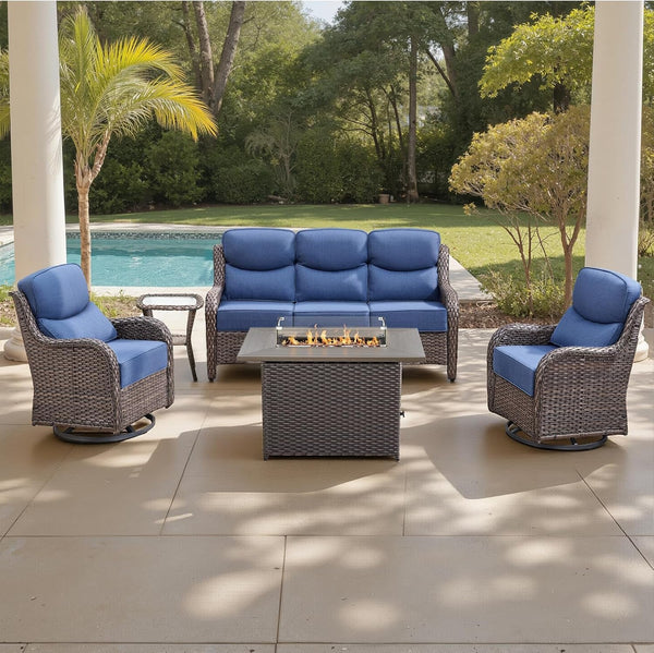Luxury 6" Thick Cushioned 5 Pieces Patio Furniture Set with Fire Pit Table, Wicker Outdoor Conversation Set with High Back Swivel Rocker Chairs for Deck Porch Yard and Poolside - Brown+Blue1