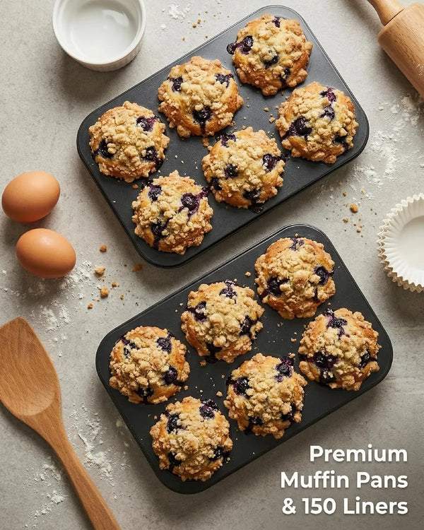 2-Pack Jumbo Muffin Pan with 150 Liners, 12.6" X 8.3", Nonstick | 6-Cup, 3.5" XL Cups, Bonus Liners, Carbon Steel, Ptfe-Free, 450°F Oven Safe, Extra Large Muffin Pan, XL Treats, Egg Bites2