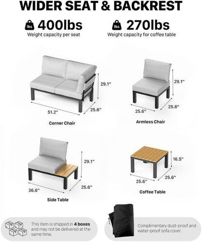 7 Pieces Aluminum Outdoor Patio Furniture Set, Movable Backrest Modular Sectional Sofa Set, Metal Conversation Set with 4-Inch Thick Cushion for Garden Backyard Porch, Grey2