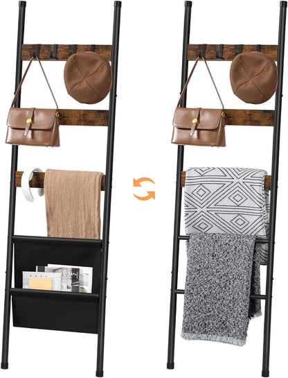Blanket Ladder, 5 Tier Towel Rack, 17.3" L X 63" H, Wall-Leaning Blanket Rack for Living Room, Decorative Ladder with 4 Hooks and Magazine Pocket, Rustic Brown BF32CJ014
