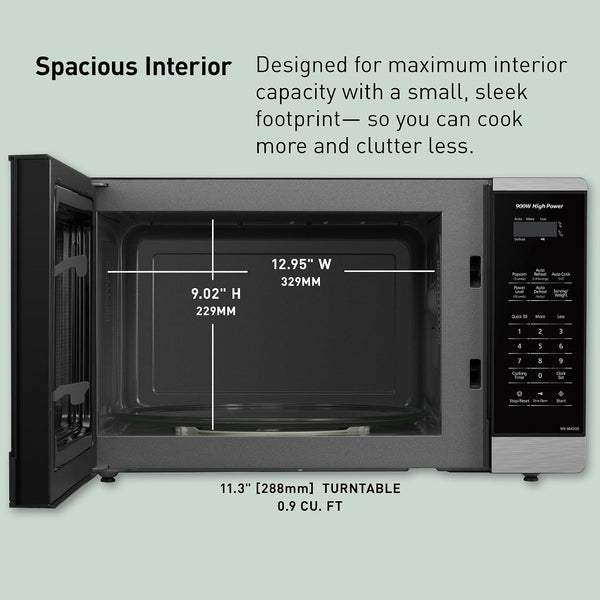 Panasonic Countertop Microwave Oven, 900W, 0.9 Cu. Ft., Sensor Cook and Reheat, 10 Power Levels, Auto Defrost, Keep Warm, Child Lock, Black Stainless Steel - NN-SB44QS4