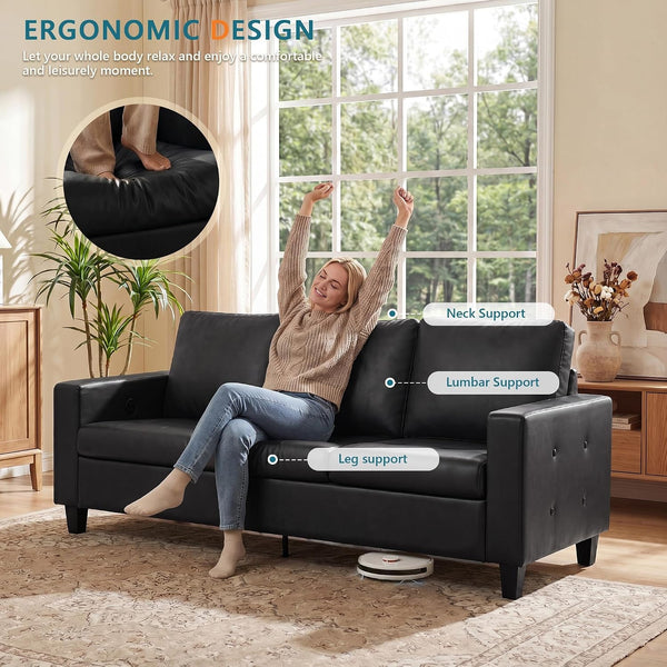 73” Black Faux Leather Sofa, 3 Seater Couch for Office, Living Room4
