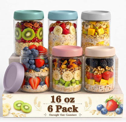 Mason Jars, 16 Oz Overnight Oats Containers with Lids, Glass Jar with Lid | 6 Pack Wide Mouth Glass Mason Jars with Airtight Lids, Overnight Oats Jars for Yogurt, Meal Prep, Chia Pudding, Storage, Home1
