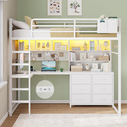 Loft Bed Twin Size with L-Shaped Desk,Bookshelf and Charging Station Metal Twin Loft Bed with 6 Storage Drawers,Open Shelves and Hutch,Loft Twin Beds with Led Lights and Safety Guardrail,White1