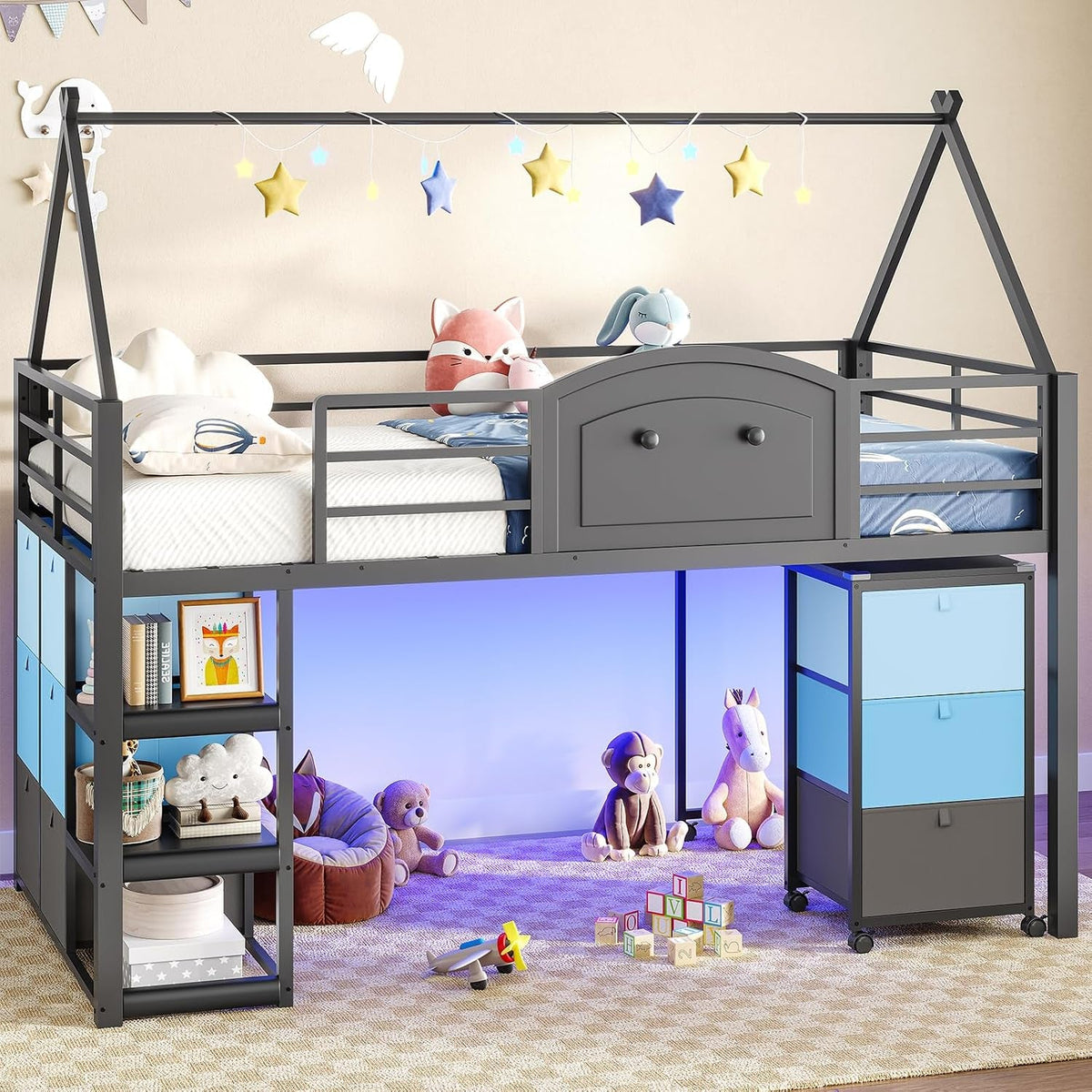 twin-loft-bed-with-desk-and-storage-for-kids-metal-low-loft-bed-twin-with-9-drawers-3-tier-shelves-led-lights-safety-guardrail-no-box-spring-needed-grey