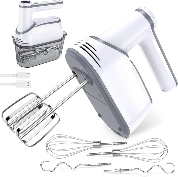 Cordless Electric Hand Mixer, 12-Speed with Storage Case, White | Rechargeable, Eject Button, LED, Self-Stand, 6×304 Stainless Attachment, Overheat Protection, Quiet for Baking Dough Cake Egg1