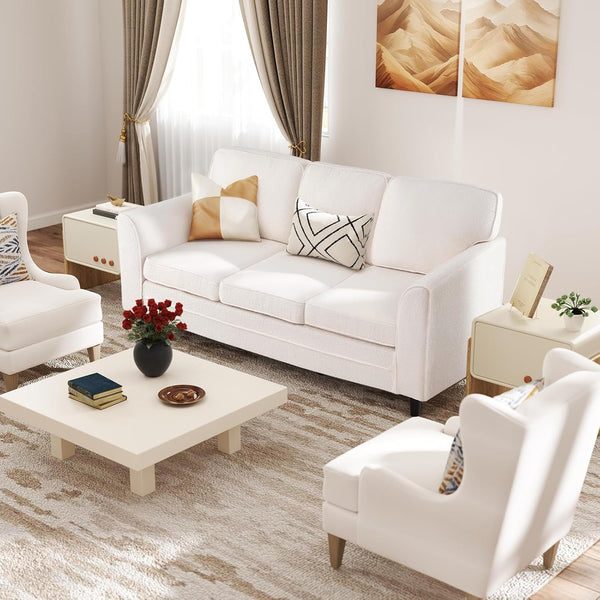 3 Seater Couch - 79” Mid Century Modern Upholstered Sofa with Armrests, Sturdy Legs, Teddy Fleece Comfy Couches for Living Room, Bedroom, Small Space, Apartment and Office (White)3