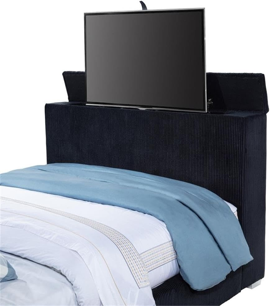 california-king-wingback-tv-bed-pine-frame-black-faux-fur-style-corduroy-flame-visualizer-headboard-hidden-motorized-tv-mount-usb-ports-modern-bedroom-furniture-for-tech-forward-use