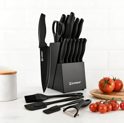 19-Piece Stainless Steel Kitchen Knife Set, Built-In Knife Sharpener, Dishwasher Safe, Ergonomic Non-Slip Handles, 6 Steak Knives, Black2