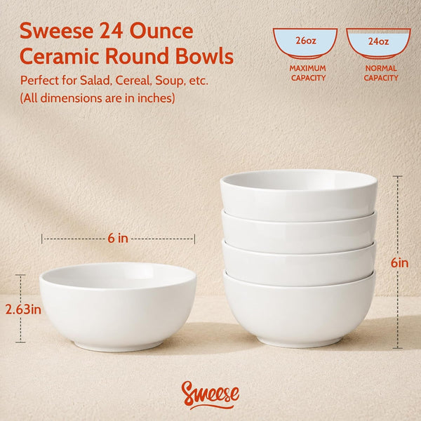 24 Oz Ceramic Cereal Bowl Set of 4, 6" Breakfast Bowl Stackable, round Serving Bowl for Rice, Snack, Fruit and Everyday Meals, White2