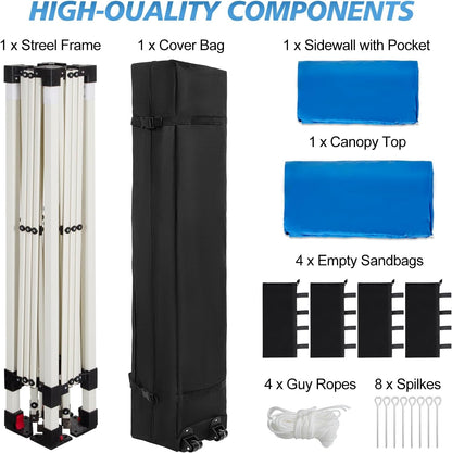 10X10 Pop up Canopy Tent, 1-Button Push Setup Canopy Tent with 1 Sidewall, Adjustable Height Instant Portable Shelter,Portable Roller Bag, Easy Outdoor Sun Shade for Events,4 Weight Bags,Blue7
