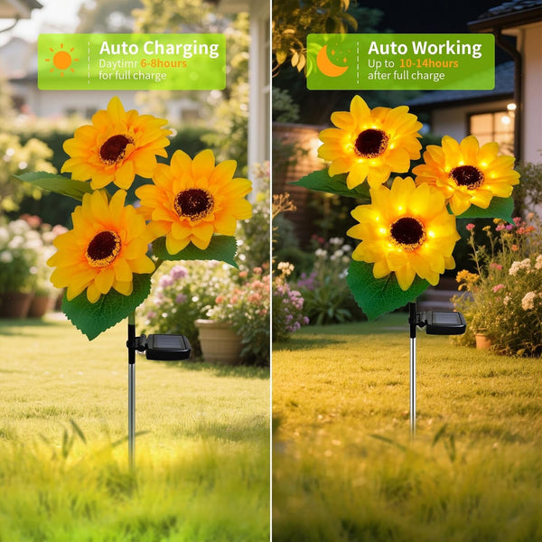 Outdoor Solar Garden Stake Lights,Upgraded LED Solar Powered Light with 3 Sunflower, Waterproof Solar Decorative Lights for Garden, Patio, Backyard (1 Pack 3 Flower)3