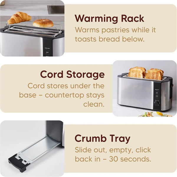ECT-3100 4-Slice Long Slot Toaster, Stainless Steel | Extra-Wide Slots Fit Bagels, Sourdough & Texas Toast, 6 Browning Settings, Reheat, Defrost & Cancel, Built-In Warming Rack7
