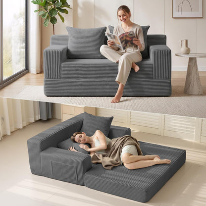 Convertible Sofa Bed, Loveseat Folding Floor Futon Sleeper Sofa Couch Bed- Boneless Foldable Couch, Corduroy Pull Out Sofa Bed with 2 Pillows for Living Room & Bedroom4