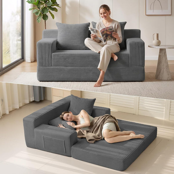 Convertible Sofa Bed, Loveseat Folding Floor Futon Sleeper Sofa Couch Bed- Boneless Foldable Couch, Corduroy Pull Out Sofa Bed with 2 Pillows for Living Room & Bedroom4