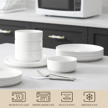 12 Pcs Porcelain Plates and Bowls Sets,Dinnerware Set for 4,White4