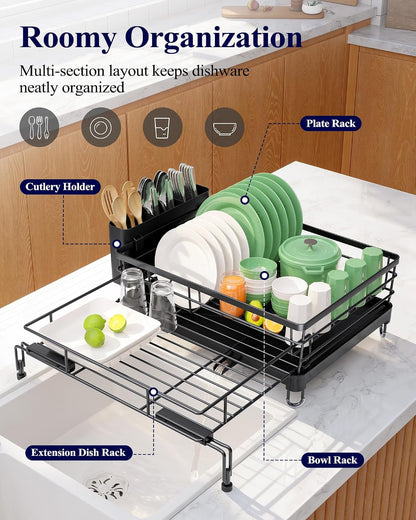 Adjustable Dish Drying Rack, 15.6''-25.2''L × 16.9''W, Black2