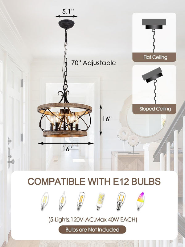 Farmhouse Wood Chandelier Light Fixture, 16 Inch Dining Room Light Fixture6