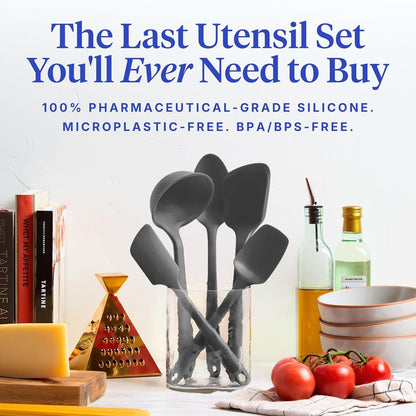 5-Piece Silicone Kitchen Utensils Set, Non-Toxic Cooking Utensils for Cooking and Baking, Heat Resistant, Food Grade, Dishwasher Safe Rubber Spatula, Ladle, Spoon - Charcoal2