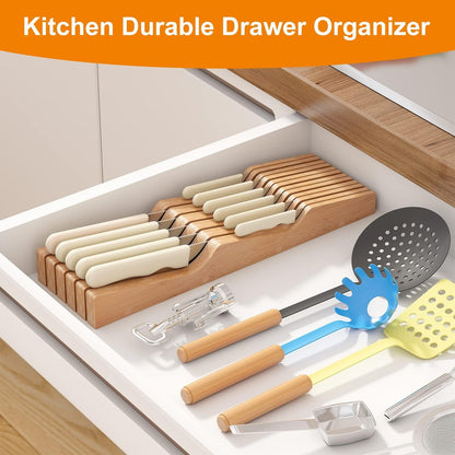 In-Drawer Knife Block Organizer - Bamboo Wood Drawer Knife Organizer-Protecting Knife Organizer Block (Not Included) (Natural, 11 Knives Dock)6