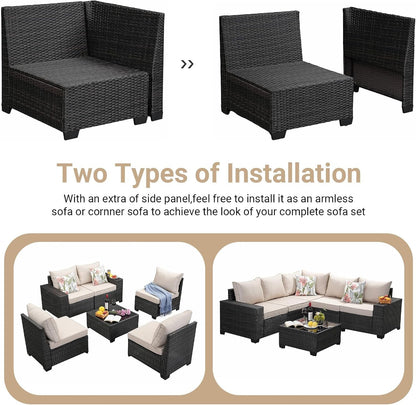6-Piece Patio Furniture Set, All-Weather Outdoor Wicker Sectional Sofa with Cushions, Glass Table & Left and Right Armrest, Rattan Conversation Seating for Porch, Garden, Backyard,Beige8