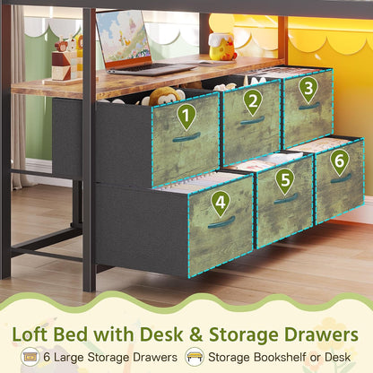 Low Loft Bed Twin with Desk, 9 Storage Drawers, Rustic Brown3