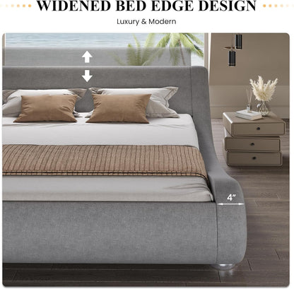 Queen Size Sleigh Bed Frame, Low Profile, Faux Leather, Grey7