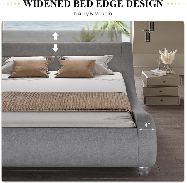 Queen Size Sleigh Bed Frame, Low Profile, Faux Leather, Grey7