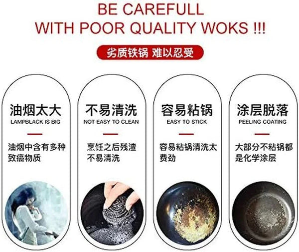 Chinese 100% Hand Hammered Iron Woks Stir Fry Pans, Non-Stick, No Coating, Less Oil, 36CM, Black Seasoned Wooden Handle8