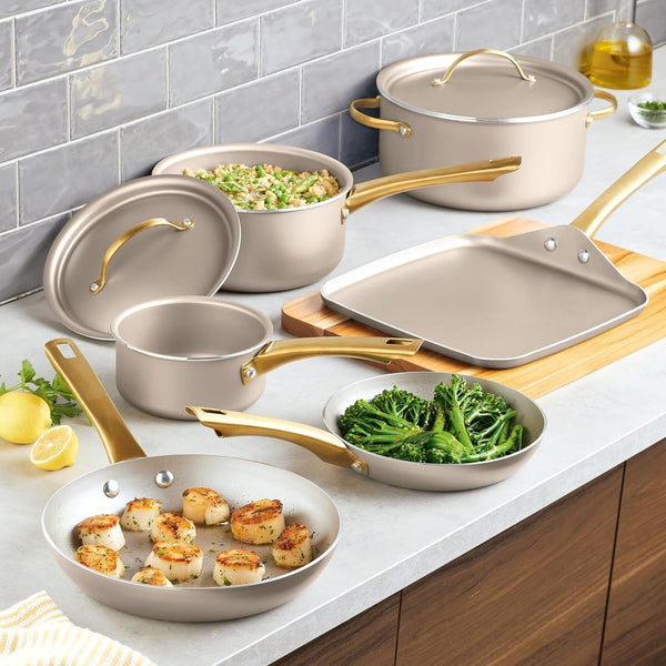 Radiant Nonstick Cookware/Pots and Pan Set with Lids and Prestige Kitchen Cooking Tools, Dishwasher Safe, 12 Piece, Champagne7
