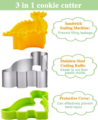 Sandwich Cutters for Kids Lunch LARGE 6 Pcs | Sandwich Maker, Cookie Cutters Set, Stainless Steel, Dinosaur Mouse Heart Star Bear3