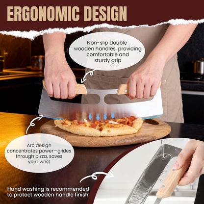 Pizza Cutter Rocker Blade with Wooden Handle, Premium 14Inch Pizza Knife Rocker Cutter with Sharp Stainless Steel Blade and Protective Cover, Slicing through Crust in One Single Rocking Motion5