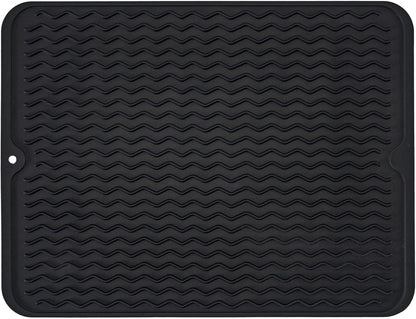 Silicone Dish Drying Mat, Non-Slip Easy Clean Sink Mat, Black, 16" X 12" | Quick-Dry Ridges, Large Heat-Resistant Dish Drainer Mat for Kitchen Counter, Hangable & Roll-Up for Storage, Dishwasher Safe1