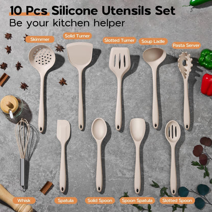 Silicone Cooking Utensils Set of 10, Kitchen Utensils for Nonstick Cookware, Heat Resistant & Nontoxic Spatula Set- Khaki2