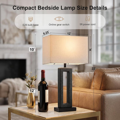 22" Matte Black Textured Ceramic Table Lamps Set of 2, Modern Bedside Lamps with Linen Shade, 5Ft Cord Inline Rotary Gear Switch E26 Nightstand Lamp for Bedroom Living Room Entryway Decor3
