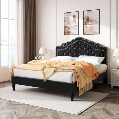 Queen Bed Frame with Adjustable Headboard/Velvet Upholstered/Diamond Button Tufted and Metal Studs/No Box Spring Needed/Wood Slat Support/Easy Assembly/Black3