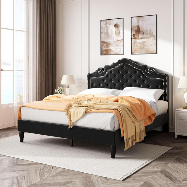 Queen Bed Frame with Adjustable Headboard/Velvet Upholstered/Diamond Button Tufted and Metal Studs/No Box Spring Needed/Wood Slat Support/Easy Assembly/Black3